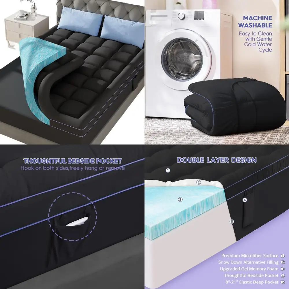 

3 Dual-Layer Memory Foam & Pillowtop Mattress Topper, 2 Foam + 1 Down Alternative, Deep Pocket, Pressure Relief, Black