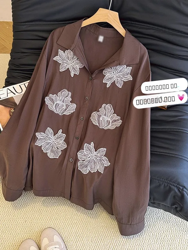 

Ele Comfortable Women's irt 2025 Autumn New Sle Pasted Flower Slimming Cotton Collar Long Sve Casual irt