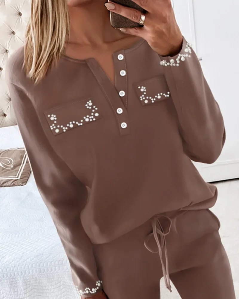 Two Piece Sets Women Solid Full Sleeve Pearl Round Neck Tops Lace Up Straight Long Pants Set Elastic Waist Casual Autumn 2023