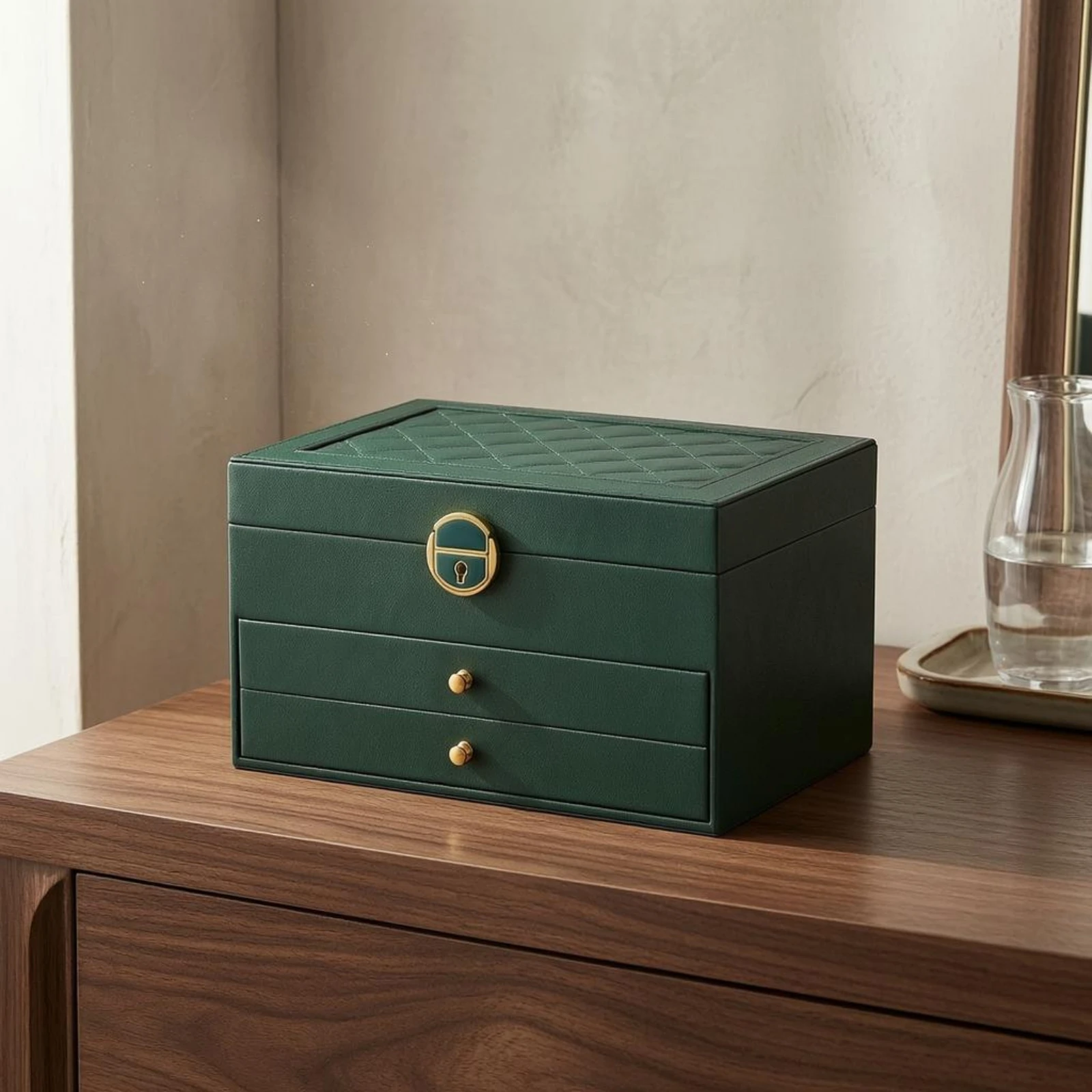 

Three-Layer Jewelry Box PU Leather Hard-Shell Jewelry Case Gold-Tone Dustincluded Protection