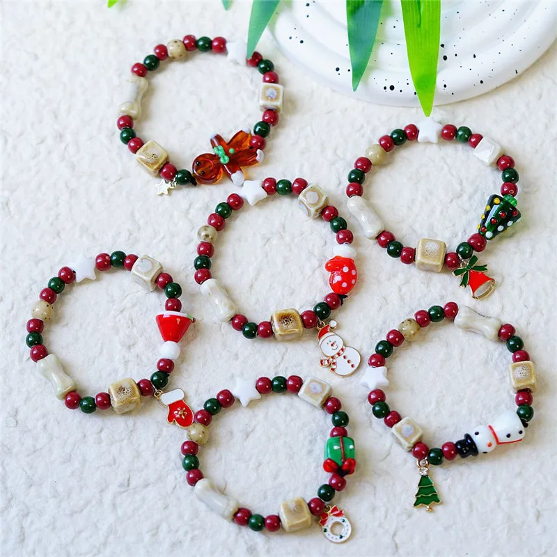 

10Pcs Christmas Style Ceramic Bracelets Porcelain Beads Santa Snowman Claus Pendant Chain Jewelry Xmas Party Decor Gift