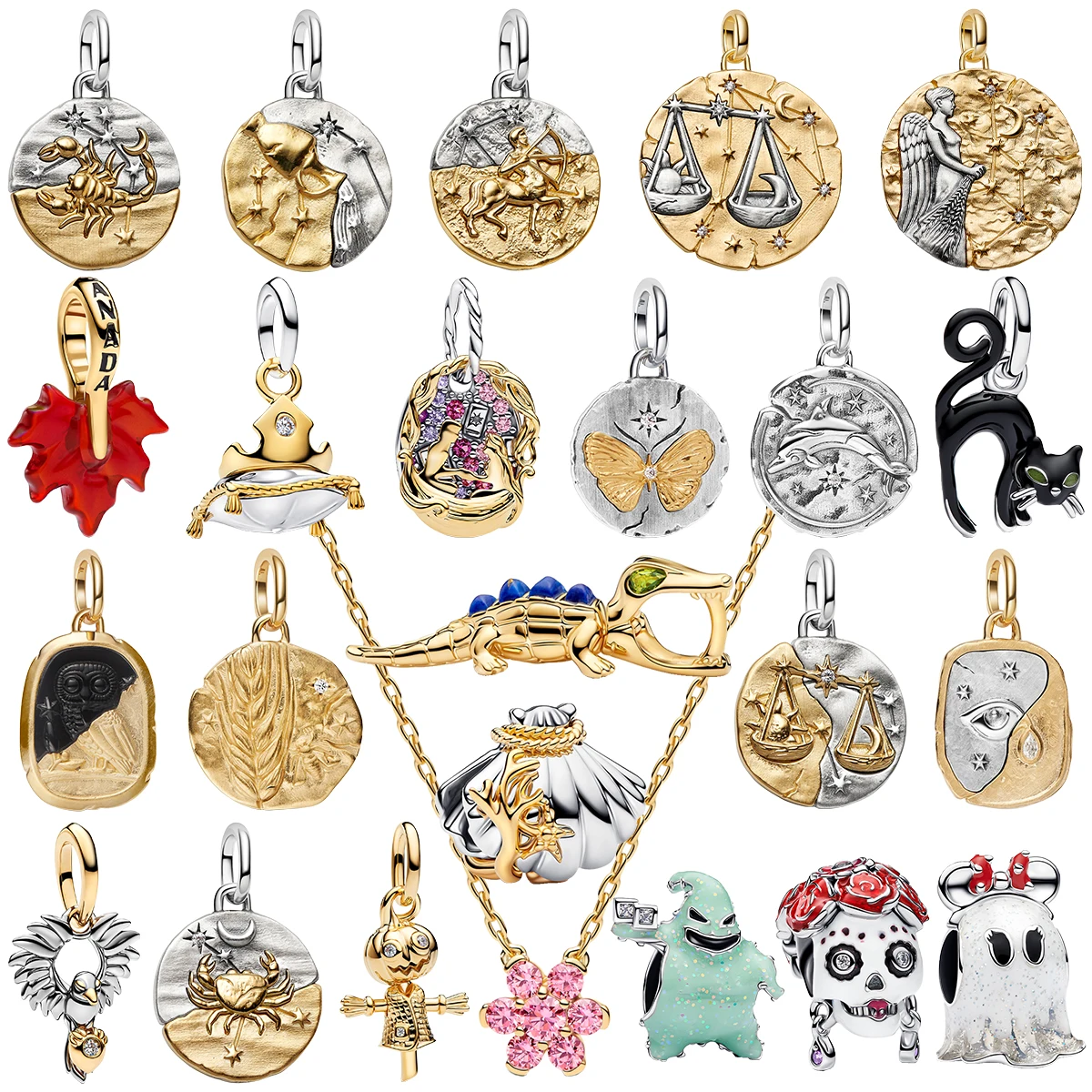 925 Sterling Silver Retro Charms Zodiac Coin Ghost Sugar Skull Crocodile Maple Leaf Shell Beads Pendant Fit Bracelet DIY Jewelry