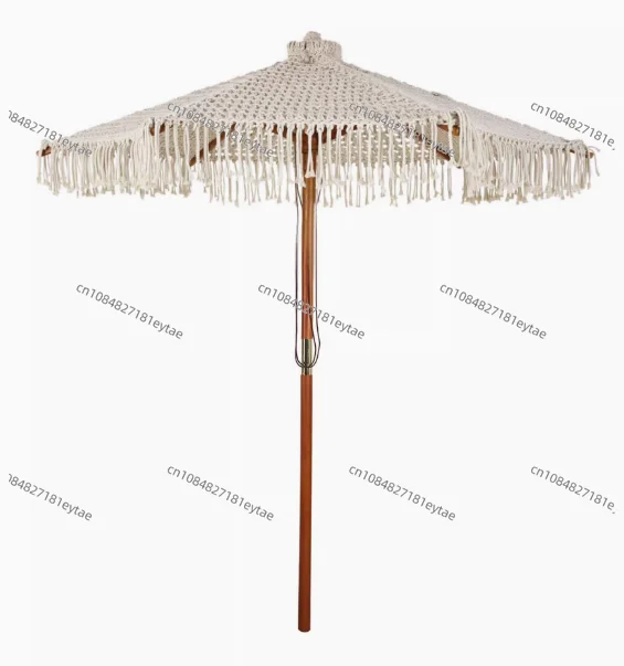 

Bohemia Cotton Rope Parasols 2.5M Wooden Pole Handmade Tassels Woven Canopy Beach Umbrella With Macrame Fringe