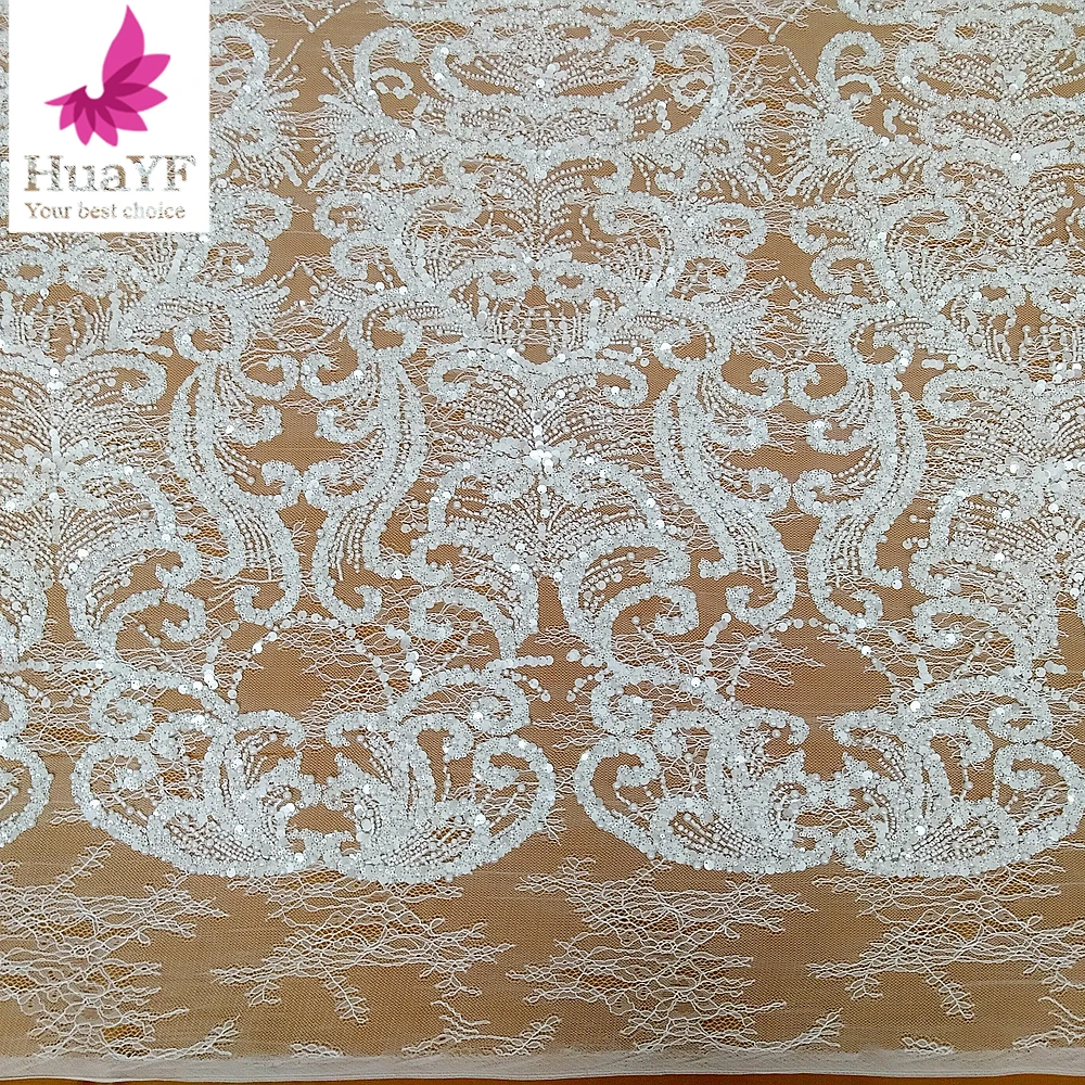 Newest French Pure White Chantilly Beaded Sequins Lace Wedding Bridal Dress HY3158