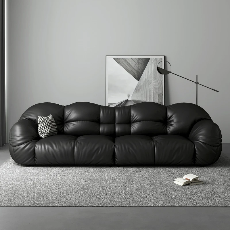 

Italian minimalist leather sofa three-person designer black retro straight row