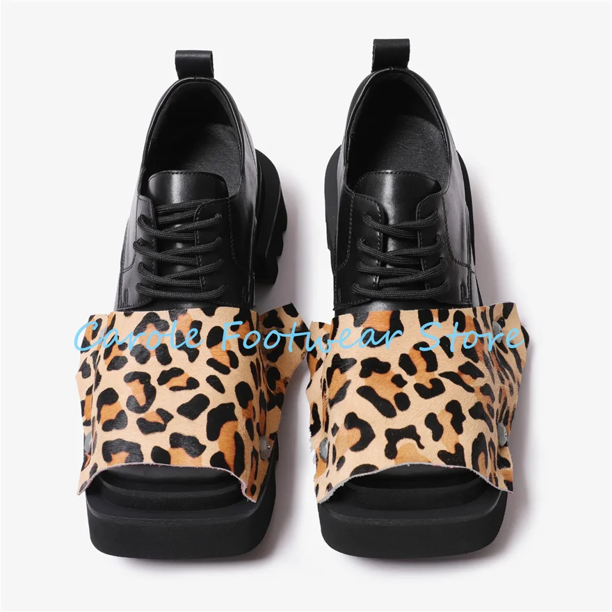 Leopard Print Leather Splicing Male Loafers Punk Rivet Square Toe Chunky Heel Derby Shoes Men's Lace-up Casual Sneakers