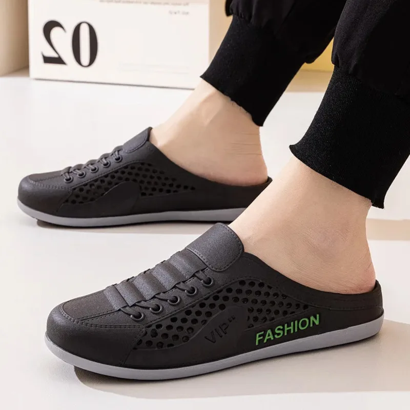 Новинка 2024, мужская обувь, летние дышащие сетчатые полутапочки без шнурков без каблука, модные универсальные повседневные туфли