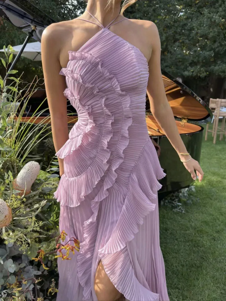 

Элегантное длинное платье с лямкой на шее и оборками, женское шифоновое платье без рукавов с открытой спиной, летние пляжные каникулы, нерегулярные фиолетовые халаты