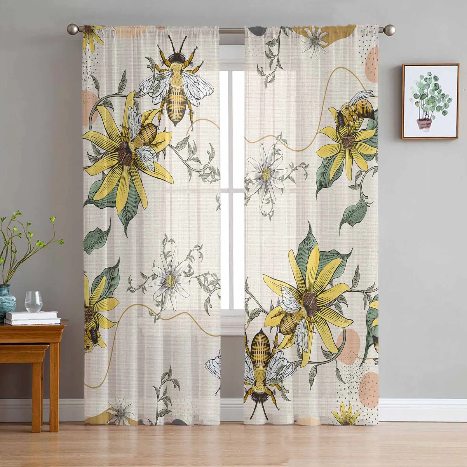 Boho Bee Flower Tulle Curtain for Living Room Bedroom Window Treatment Sheer Voile Curtain Kitchen Drape