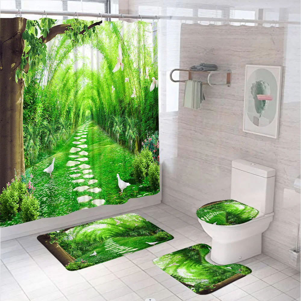 4Pcs Green Garden Shower Curtain Set Bamboo Forest Grass Path Scenery Birds Bathroom Screen Non-Slip Bath Mat Rugs Toilet Cover