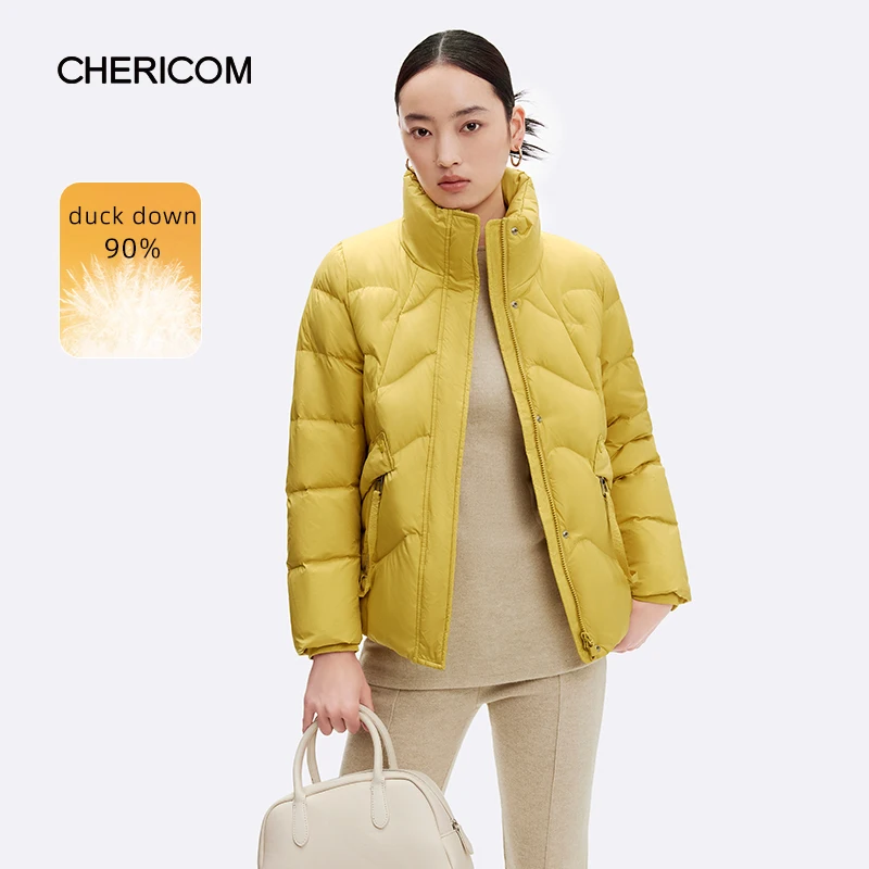 

Chericom Duck Down Women's Winter Down Jacket Stand-Up Collar Short Overcoat Pocket Metal Zipper Solid Casual Warm Jacket 299139