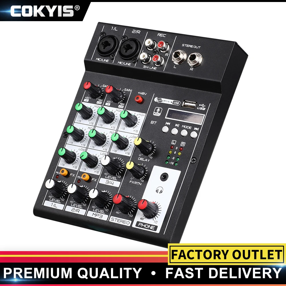 4 Channel Mixer DJ Mixing Console with Bluetooth 48V Phantom Power Monitor Karaoke System USB Mixer Audio