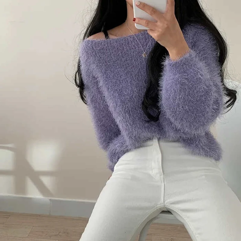 Vintage Korean Fluffy Sweater Women Imitation Mink Knit Pullovers Sexy Slash Neck Autumn Winter Warm Jumper Cute Short Sweaters