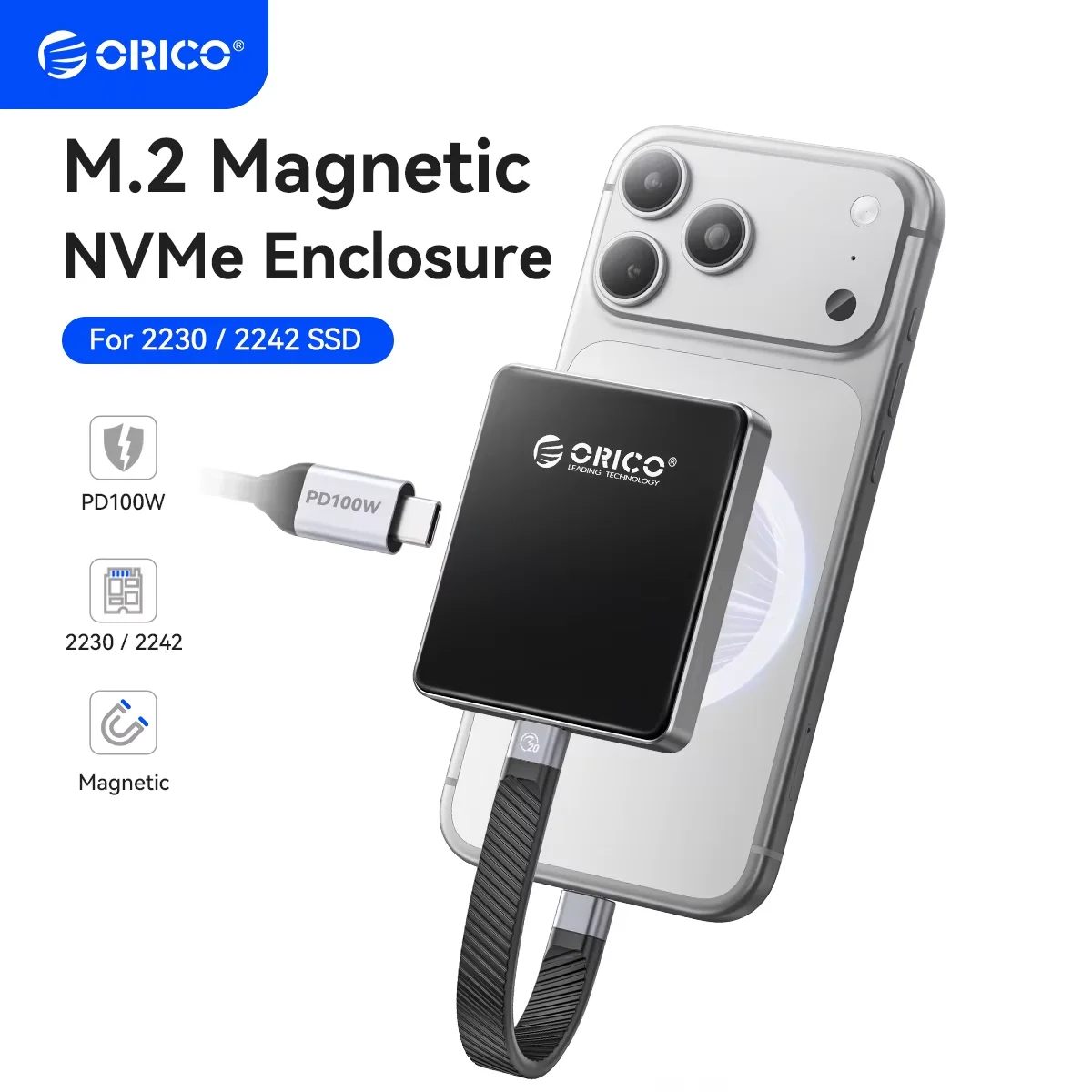 ORICO 2230/2242 M.2 NVMe SSD Gehäuse Magnetsatz 10Gbps USB 3.2 Gen 2 NVMe Adapter mit Schutzhülle Schlüsselband PD100W bis zu 2TB kompatibel mit iPhone 15 16 Pro/ProMax ProRes Diskless AP42P Schwarz