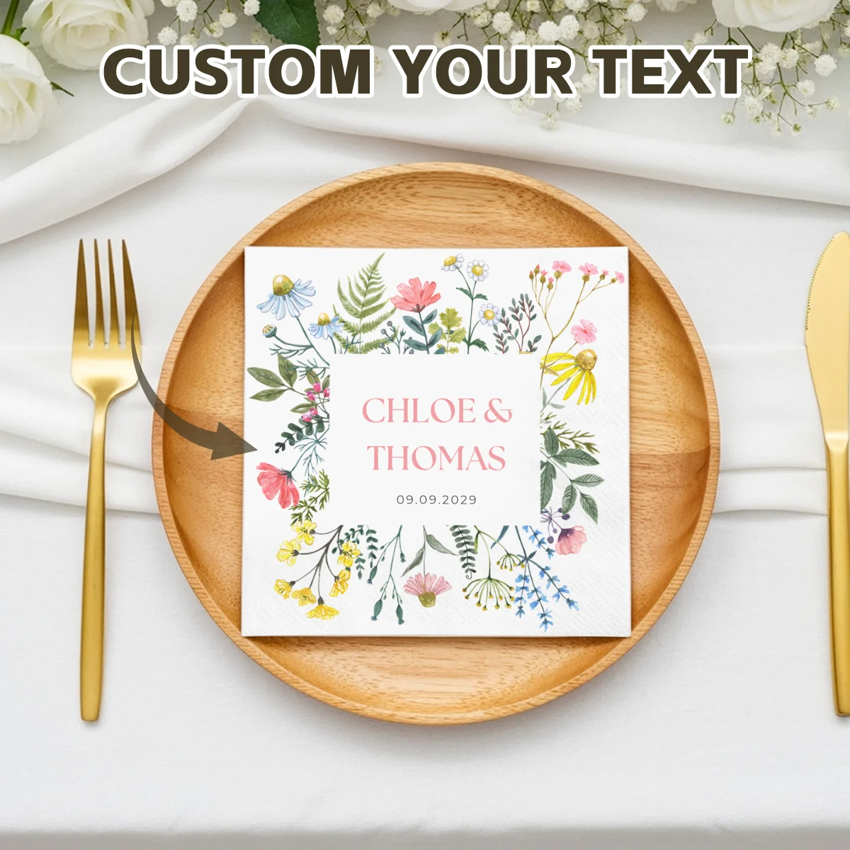 

Personalized Paper Napkins for Wedding Custom Napkins of Text Elegent Disposable Napkins of Flowers,for Baby Shower Hen Party