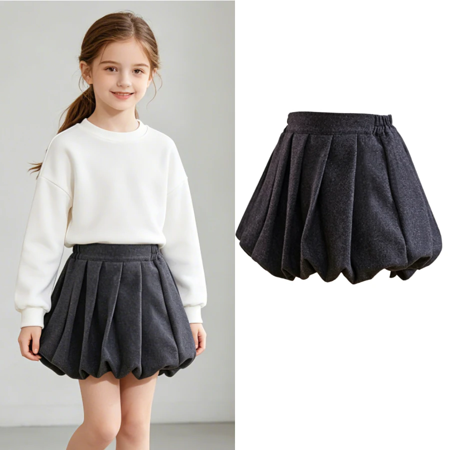 

Toddler Girls Wool Blend Bubble Skirt, Elastic Waist Pleated Puff Mini Skirt, Kids Autumn Winter School Casual Wear, 2-8 Years
