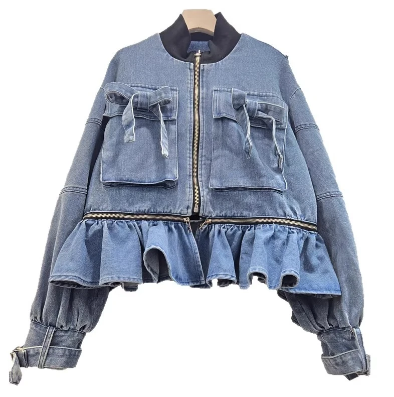 European Heavy Industry Three-dimensional Bow Sweet Ruffles Loose Denim Jacket Spring Autumn Stand Collar Long Sleeve Blue Top