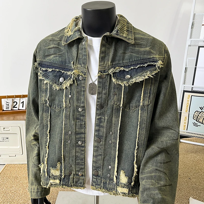 

Джинсы American Tie Dye Jaet Модная верхняя одежда Джинсовая куртка с длинными рукавами Потертый край Дизайн слезы Модные брендовые повседневные куртки