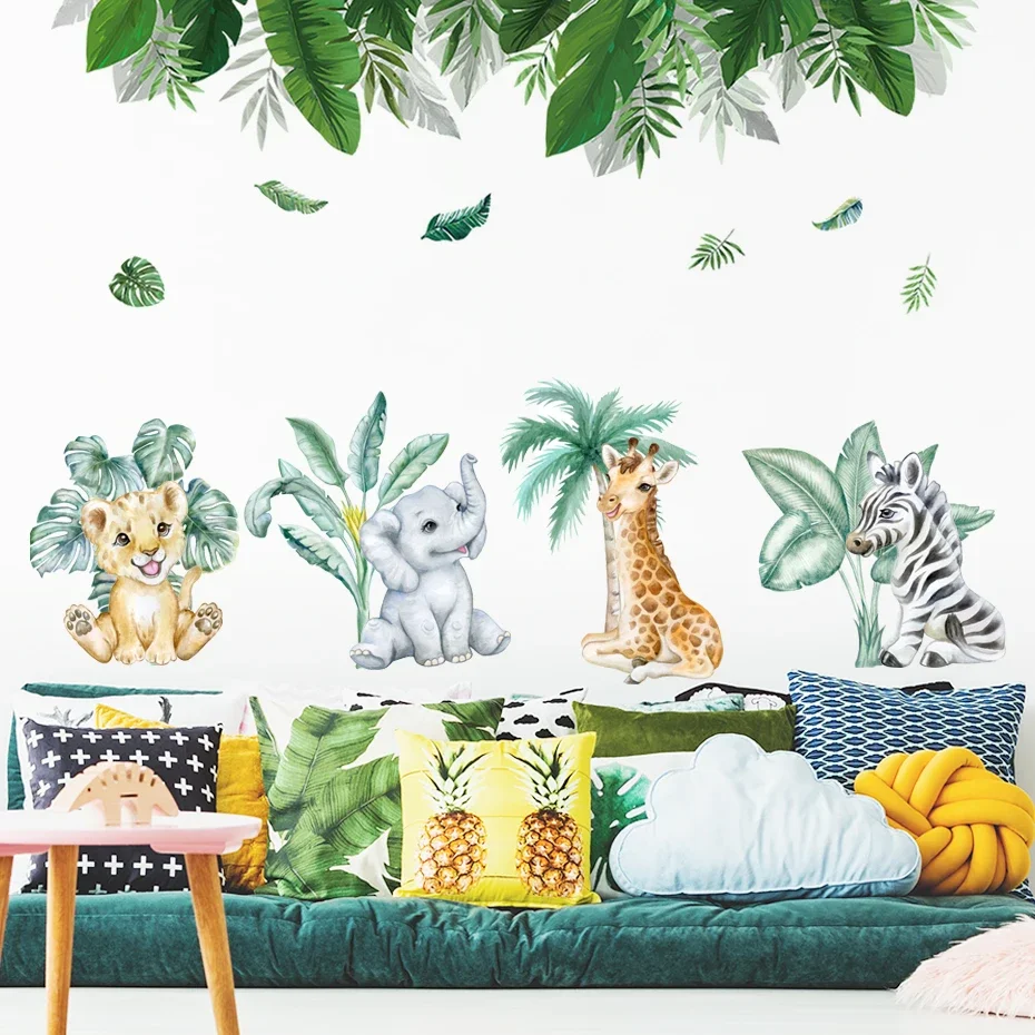 

Cartoon African Animals Lion Tropical Leaves Watercolor Nursery Wall Sticker Peel and Stick Wall Decals Kids Room Home Decor