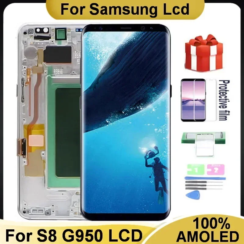 100% AMOLED LCD For Samsung Galaxy S8 Lcd G950 G950F SM-G950F/DS G950B Display Touch Screen Digitizer Assembly With Frame