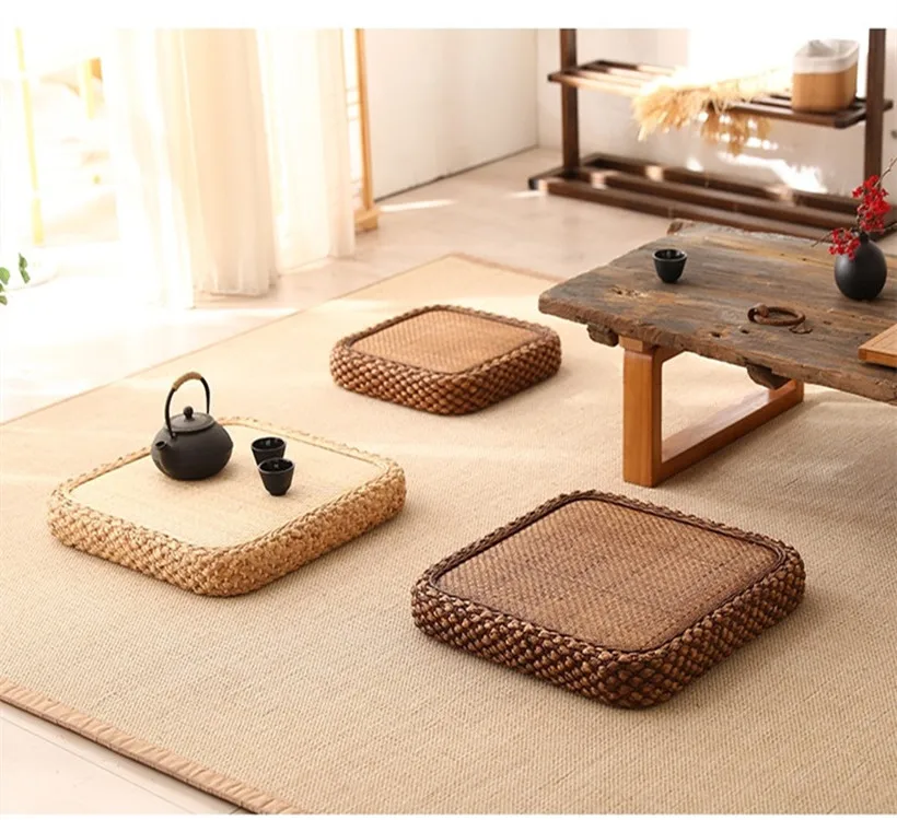 Japanese 40/50/60CM Square Rattan Futon Seat Mat Living Room Balcony Bay Window Tatami Seat Mat Dormitory Bedroom Floor Mat