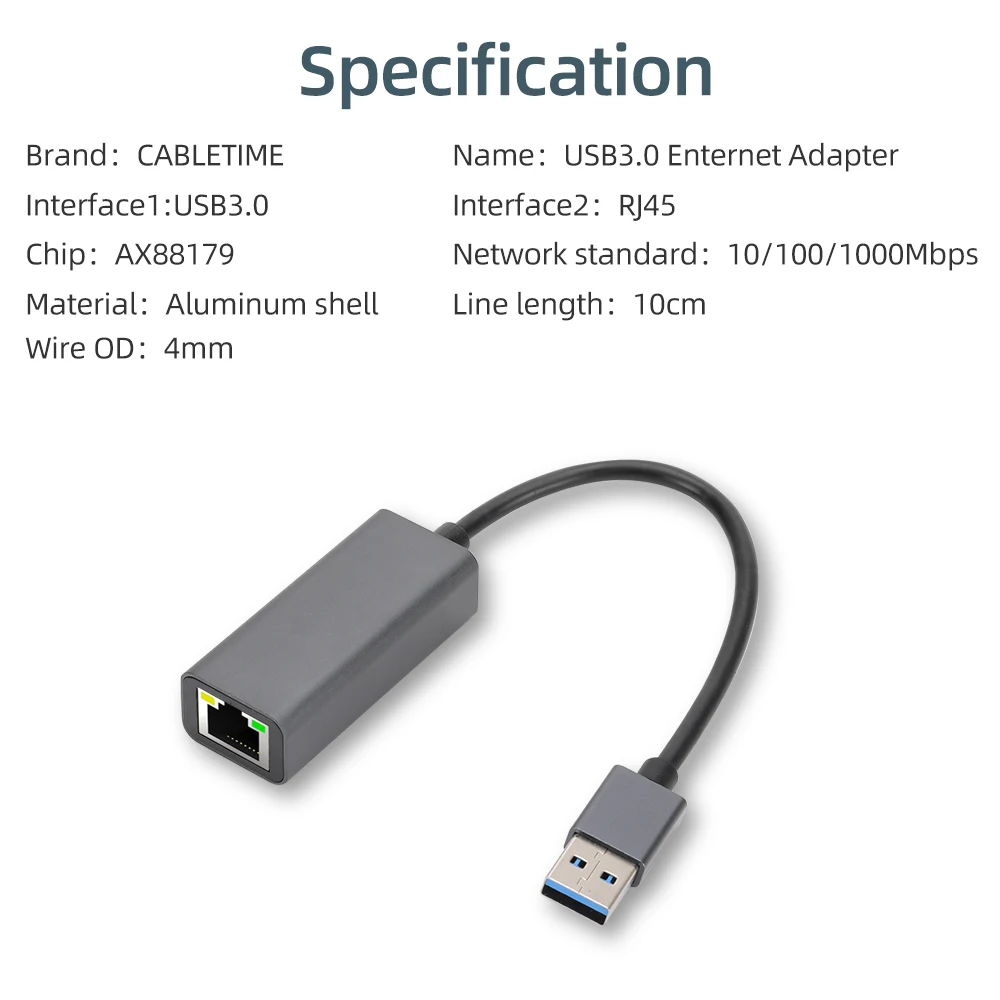 USB tipo C para adaptador Ethernet RJ45, 1000Mbps com fio placa de rede, USB Lan cabo Internet