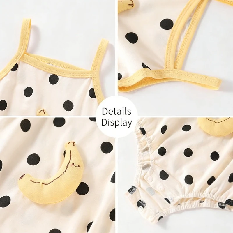 Cute Polka Dot Baby Spaghetti Strap Bodysuit | Soft Cotton Banana Decor Infant Onesie | Breathable Summer Romper for Newborns