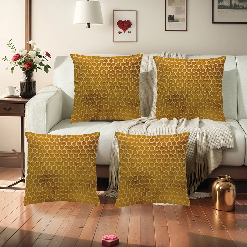 4PC Decorative throw pillow set mustard yellow honeycomb pattern for sofa couch home decor accent cushions