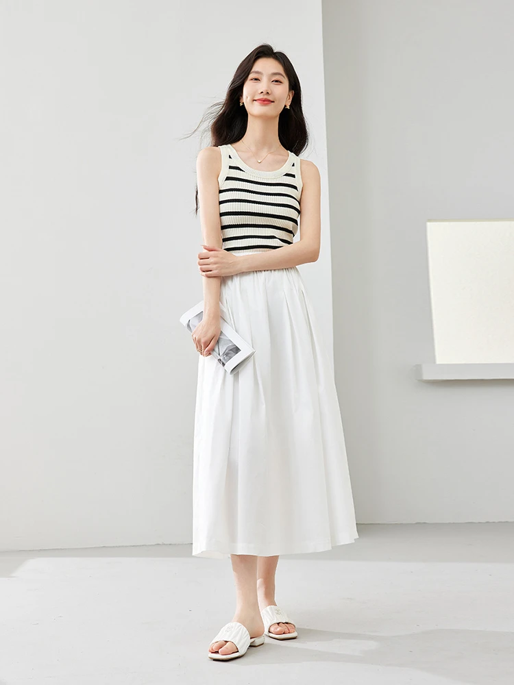 VIMLY Women Simple Commuter White Bustier Skirt 2024 Summer New Solid Versatile  A-Line Elastic  Waist Umbrella Skirt M7108