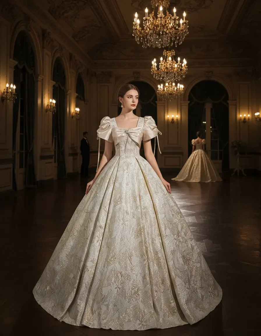 Puff Sleeve Satin Ball Gown with Bow & Jacquard Fabric for Quinceanera, Wedding, Graduation & Formal Events, Free Crinoline