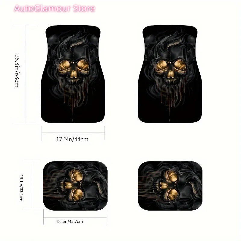 4pcs/set Skull Pattern Non-slip Absorbent Car Floor Mats, Universal Car Interior Floor Mats, Car Interior Accessories