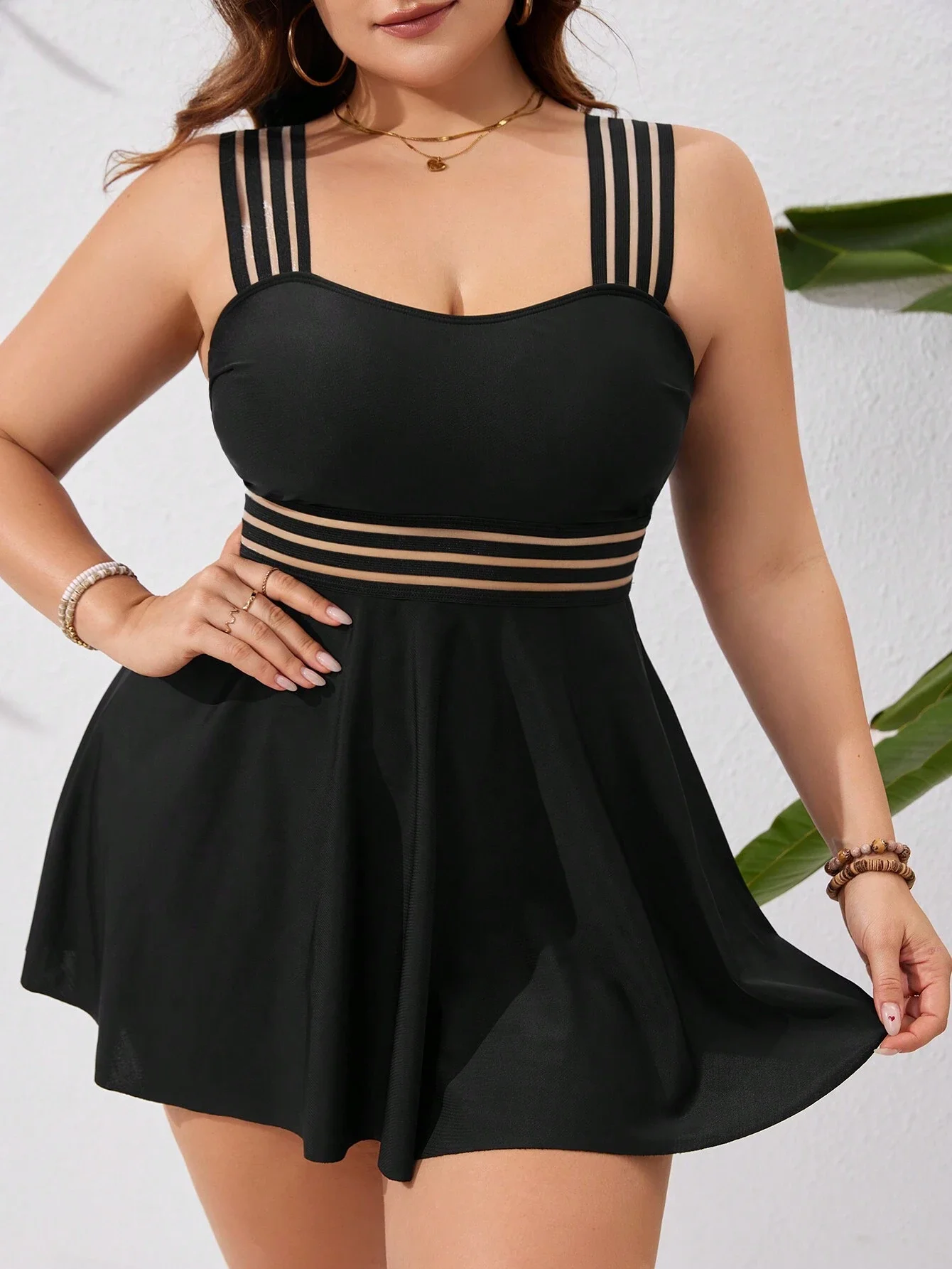 Plus Size Black Monochromatic Swimsuit With Sheer Stripes Beach Vacation Outfit