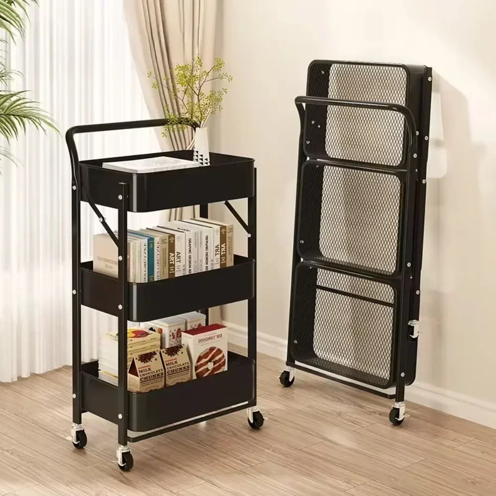 Folding Storage Trolley Rack Kitchen Bathroom 3 Storey Snacks Shelving Bedroom Mobile Trolley Storage Rack Organizer Carts