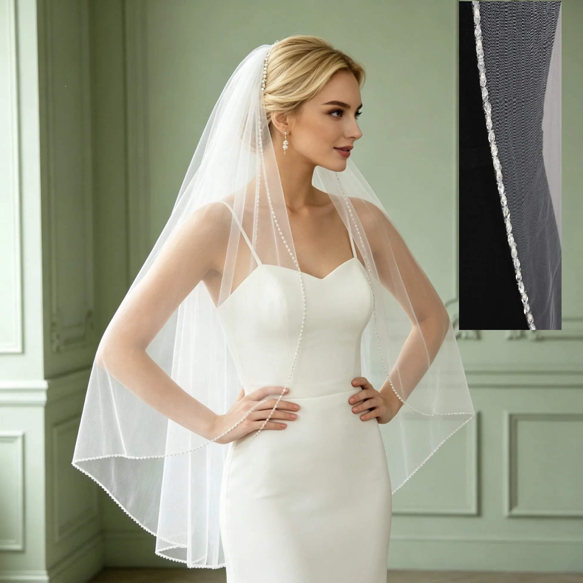 

Simple Fingertip Length Bridal Veil Luxury Beaded Elegant Wedding Hair Accessory for Brides Bling Church Prom Headpiece G65