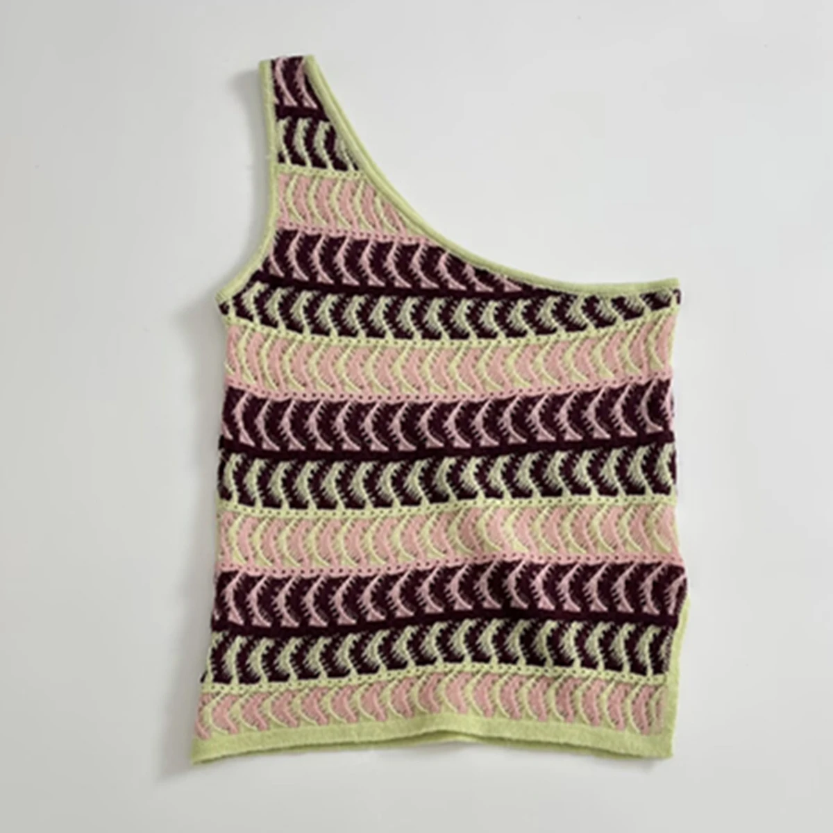 

Dave&Di French Texture Knitted T-shirt Vacation Beach One-Shoulder Asymmetric Vest Top For Women Summer T-shirt