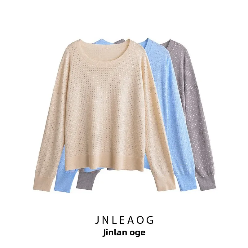 

JNLEAOG женский вязаный топ Faion с украшением в виде тонких игл и бриллиантов, осенний новый Sle Street Sle Long Sve круглый Ne