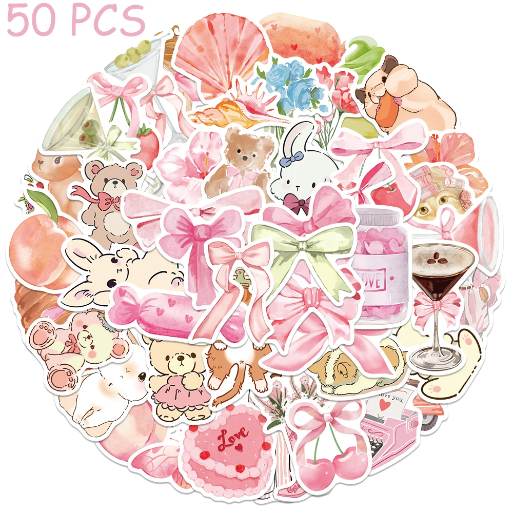 50pcs Pink Cartoon Illustration Stickers Decals For Scrapbook Laptop Skateboard Suitcase Guitar Aesthetic Waterproof Stickers