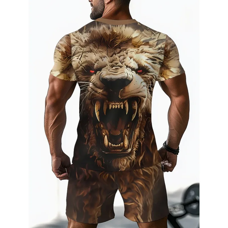 2025 Summer Fashion Men's Round Neck Short Sleeved T-shirt and Shorts 2-piece Set 3D Printed Sports Polyester Fiber Set
