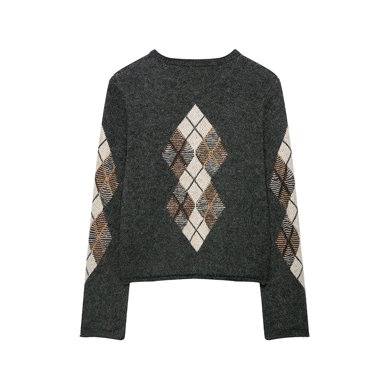 Autumn Women Argyle Knit Cardigan Round Neck  Long Sleeve Retro Casual Sweater Coat view 2