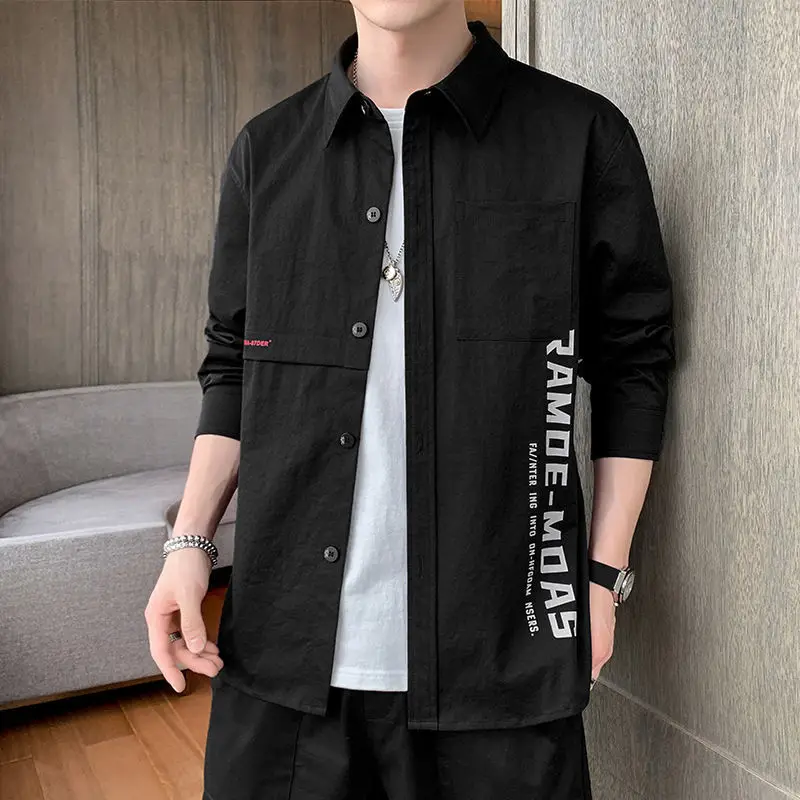 Fashion Button Spliced Printed Letter Loose Shirts Men Clothing 2022 Autumn New Oversized Casual Tops Loose Korean Shirt