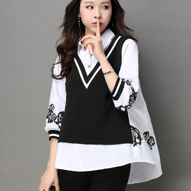 S-5XL Loose Large Size Women's Shirt 2024 New Three Quarter Sleeve Fake Two Pieces Blouse Female Fashion Printing Casual Tops