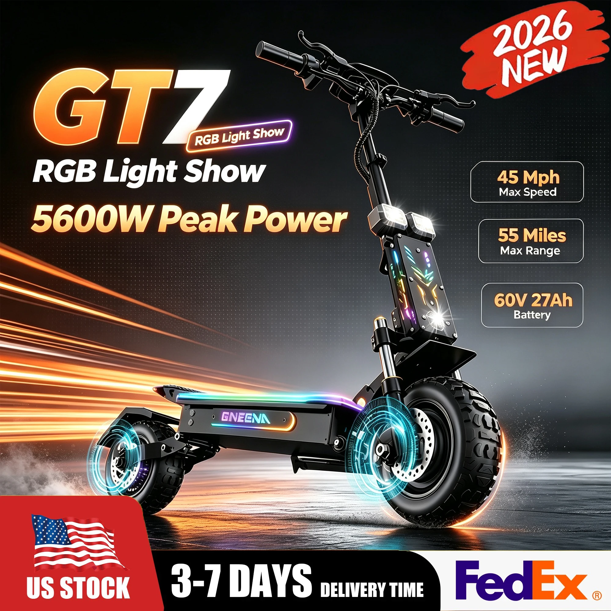 GT7 Adult Electric Scooter 5600W Peak Motor 60V27Ah Battery 45 Miles/Hour High Speed 55 Mile Range Dual Shock Absorber Oil Brake System E-ABS Intelligent APP RGB Light Folding Scooter US Inventory FedEx Delivery 3-7 Days
