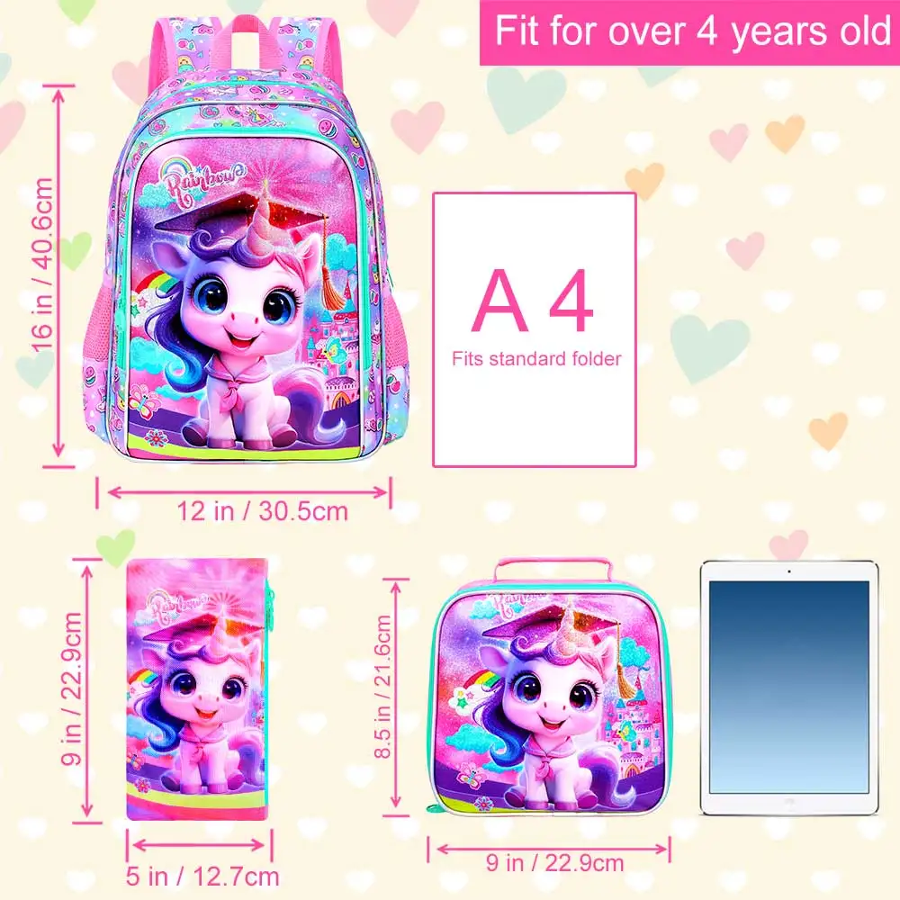 Kid's Backpack 3PCS,16 Inch Graduation Unicorn Print, Large Capacity Lightweight Set, One Backpack,One Handbag,One Pencil Case