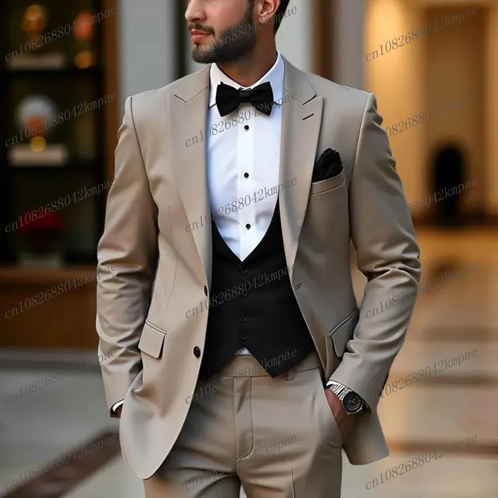 

Новый формальный мужской костюм цвета хаки и черный, жених, жених, свадебная вечеринка, выпускной, деловые мужские смокинги, комплект из трех предметов, пиджак, жилет, брюки