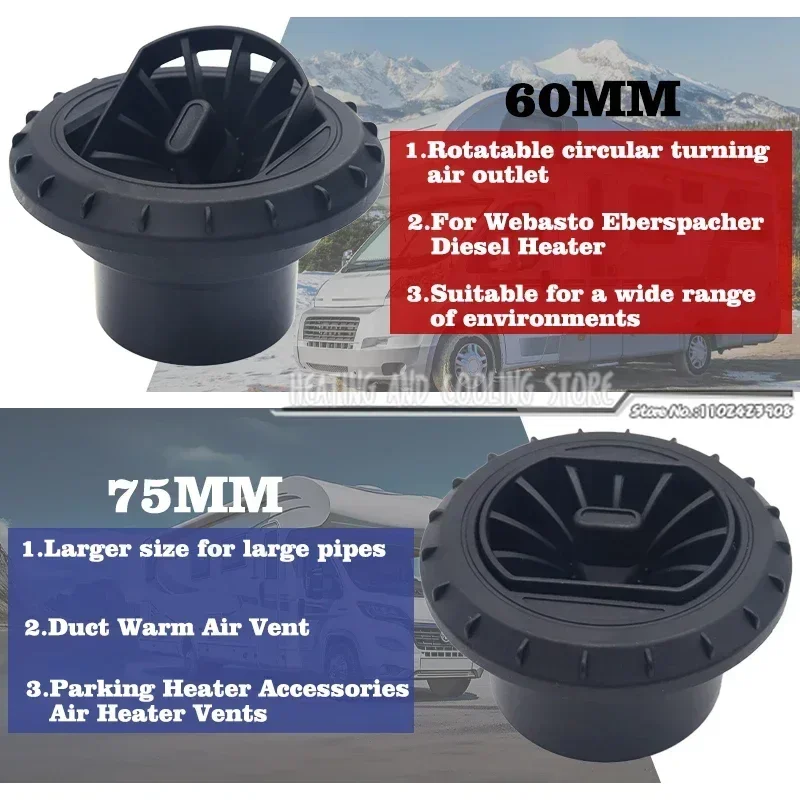 60mm Universal Diesel Heater Duct Ducting Air Vent Outlet Flat Round Rotatable Connector Black For Truck VAN Camper Air Vent