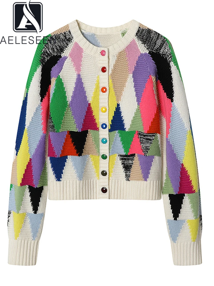 AELESEEN Runway Fashion Autumn Sweater Women Full Sleeve New Colorful Diamond Grid Rainbow Button Female Elegant Cardigan