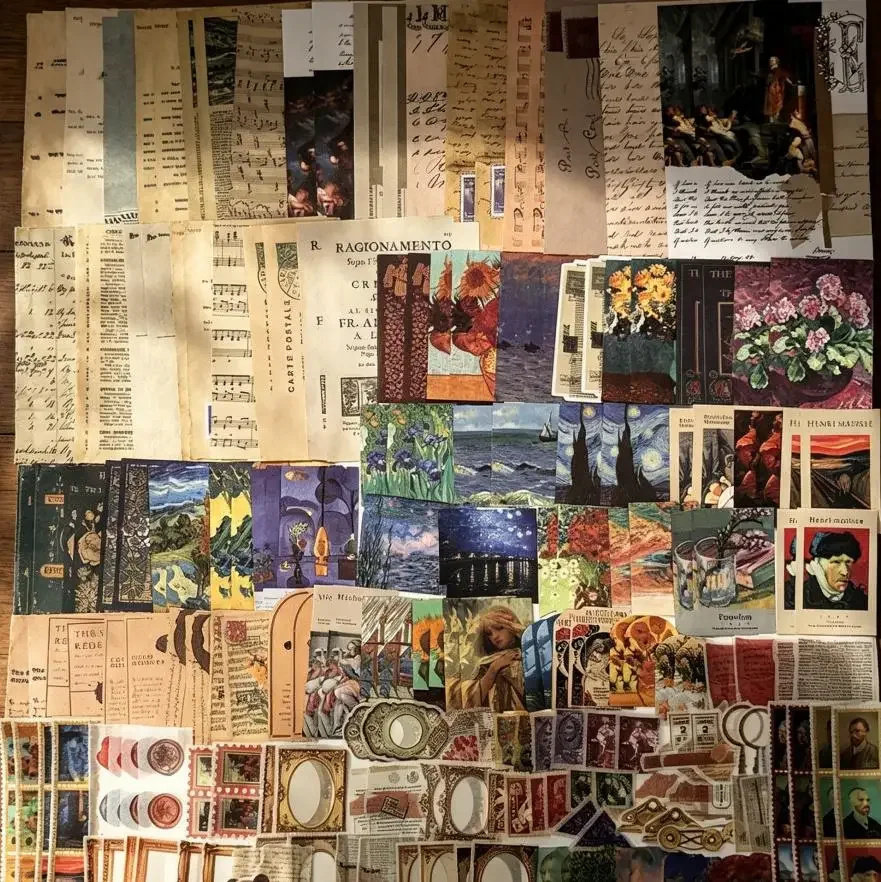 200PCS Van Gogh Art Scrapbooking Supplies Kit - Vintage Ephemera, Artistic Paper, Sticker Decorations, Vintage Collage Paper for Journaling, Cottagecore Aesthetic Office Stationery (Notebooks, Planners, Collage Albums)