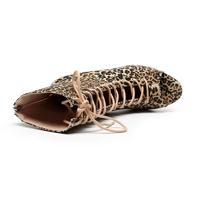 Zapatos de baile modernos con estampado de leopardo para mujer, botines de Punta abierta con suela de goma de ante, tacones delgados cubanos para