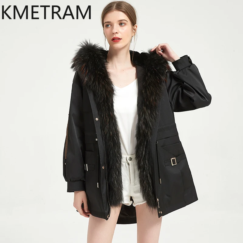 KMETRAM الطبيعية ريكس الأرنب الفراء بطانة سترة ملابس خارجية معطف الفرو الأسود الثعلب الفراء طوق منتصف طول الشتاء النساء سترة 2025 أصابع