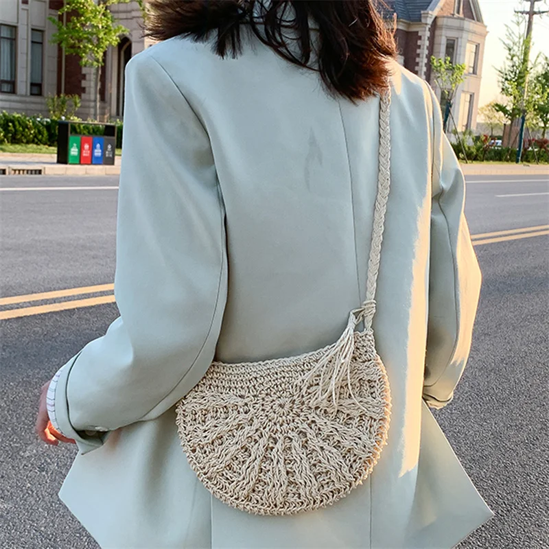 2022 Half Round Straw Bags For Women Summer Beach Rattan Bag Handmade Woven Half Moon Crossbody Handbags Bohemia Hot Sale